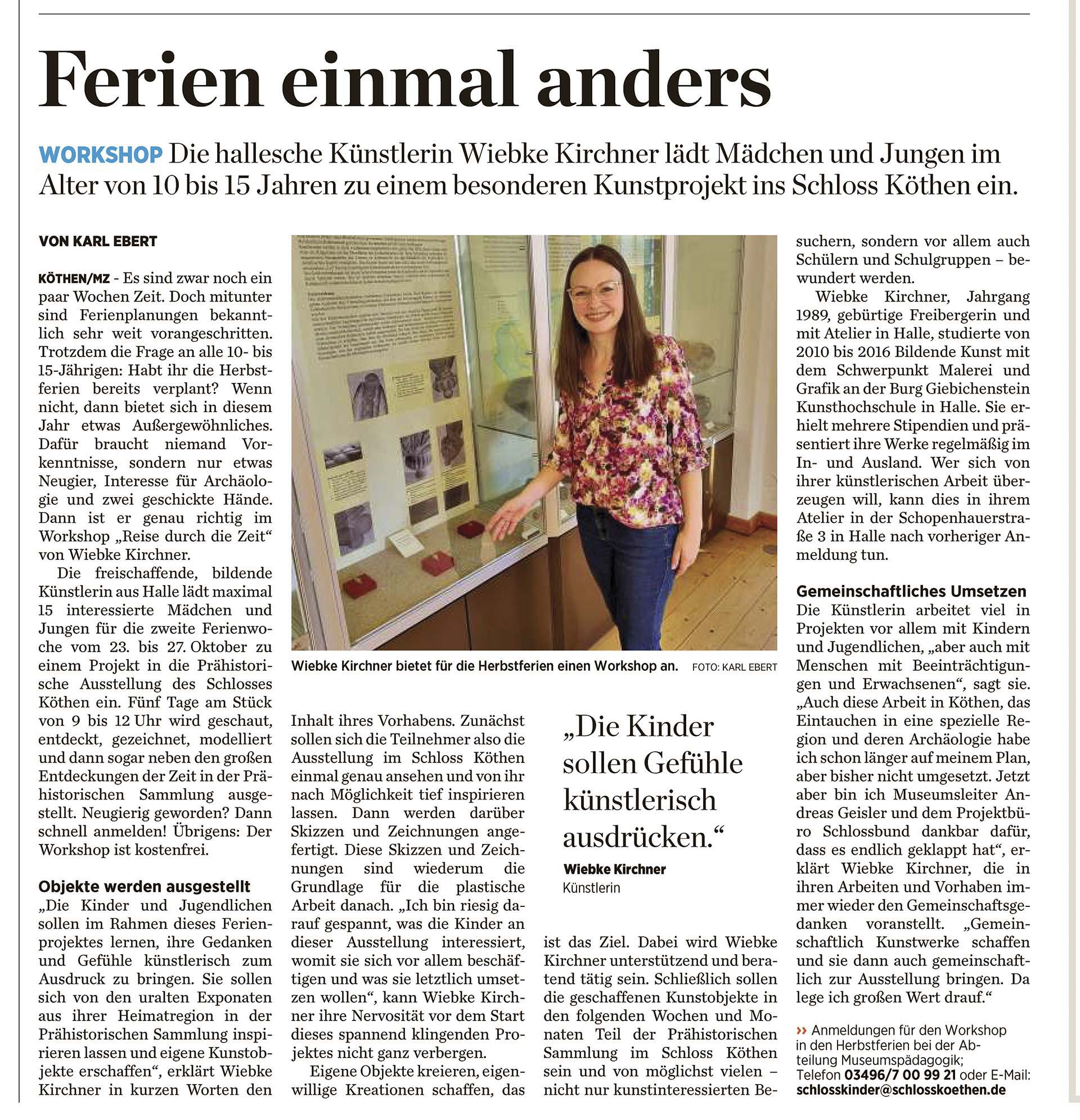 Wiebke Kirchner, Kunstprojekt Reise durch die Zeit, Artikel in der Mitteldeutschen Zeitung vom 12.09.2023
